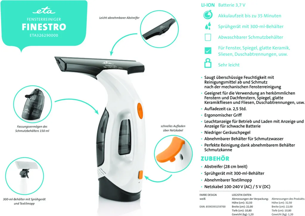 ETA FINESTRO Dampf Fensterreiniger ETA32629000, Fensterreiniger Finestro Für Fenster, Dachfenster, Spiegel, Keramischen Belag, Pflaster Und Duschecken, Li-ion Akku 13 ETA FINESTRO Dampf Fensterreiniger ETA32629000, Fensterreiniger Finestro Für Fenster, Dachfenster, Spiegel, Keramischen Belag, Pflaster Und Duschecken, Li-ion Akku – Bild 11