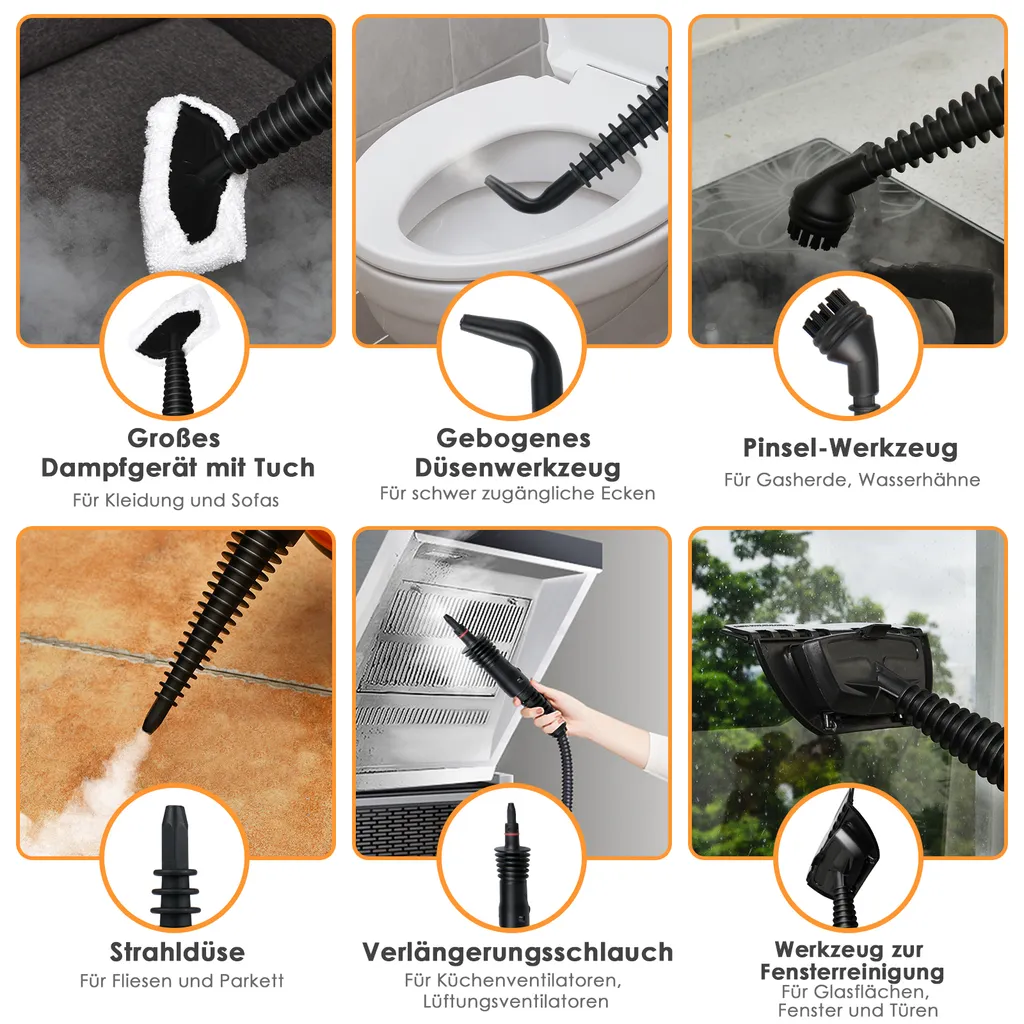 COSTWAY Dampfreiniger Inkl. 9 Zubehör, Handdampfreiniger, Dampfreinigen Handgerät 3 Bar / 250ml / 1050W / 4min Aufheizzeit/für Teppiche, Vorhänge, Autositze, Küche (Orange) 5 COSTWAY Dampfreiniger Inkl. 9 Zubehör, Handdampfreiniger, Dampfreinigen Handgerät 3 Bar / 250ml / 1050W / 4min Aufheizzeit/für Teppiche, Vorhänge, Autositze, Küche (Orange) – Bild 3