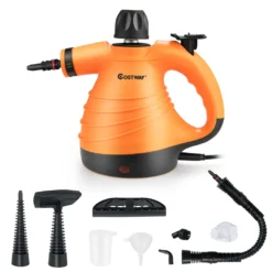 COSTWAY Dampfreiniger Inkl. 9 Zubehör, Handdampfreiniger, Dampfreinigen Handgerät 3 Bar / 250ml / 1050W / 4min Aufheizzeit/für Teppiche, Vorhänge, Autositze, Küche (Orange)