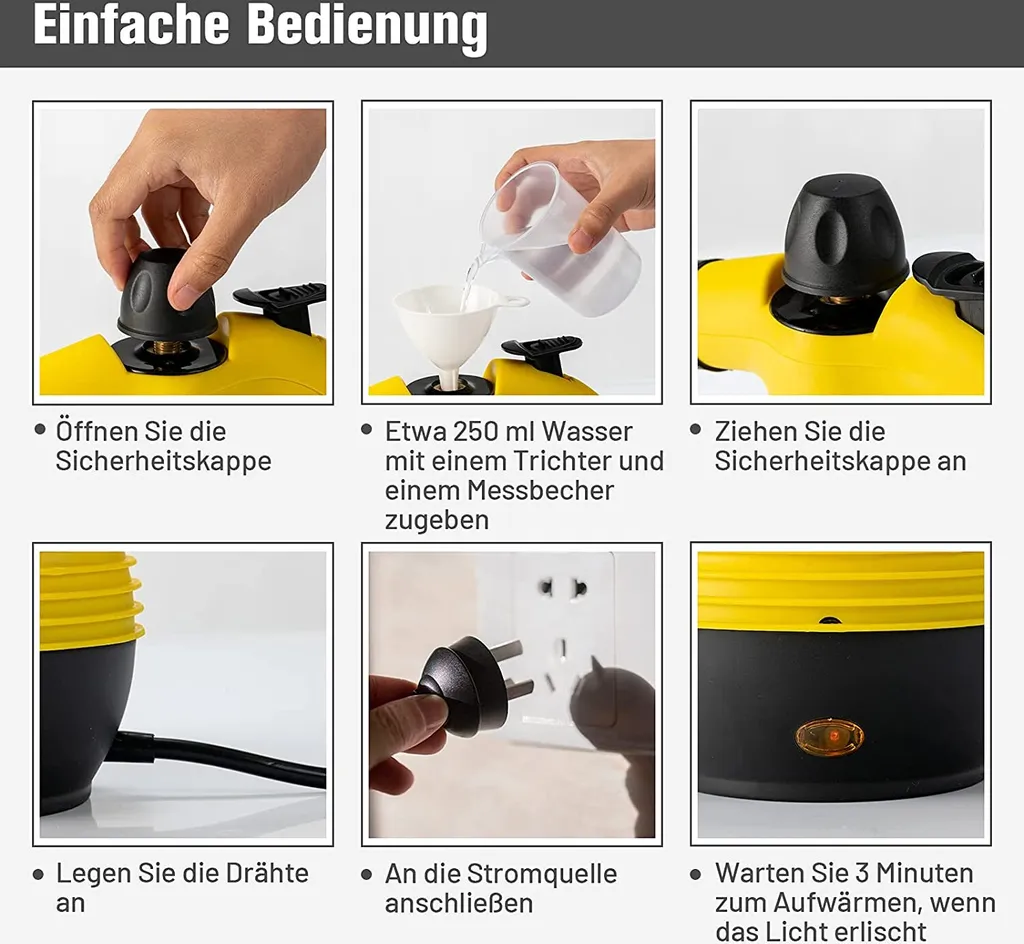 COSTWAY Handdampfreiniger Inkl. 9 Zubehörteil 3 Bar/350ml/1050W/3-5min Aufheizzeit Dampfreiniger Handgerät Gelb 6 COSTWAY Handdampfreiniger Inkl. 9 Zubehörteil 3 Bar/350ml/1050W/3-5min Aufheizzeit Dampfreiniger Handgerät Gelb – Bild 4