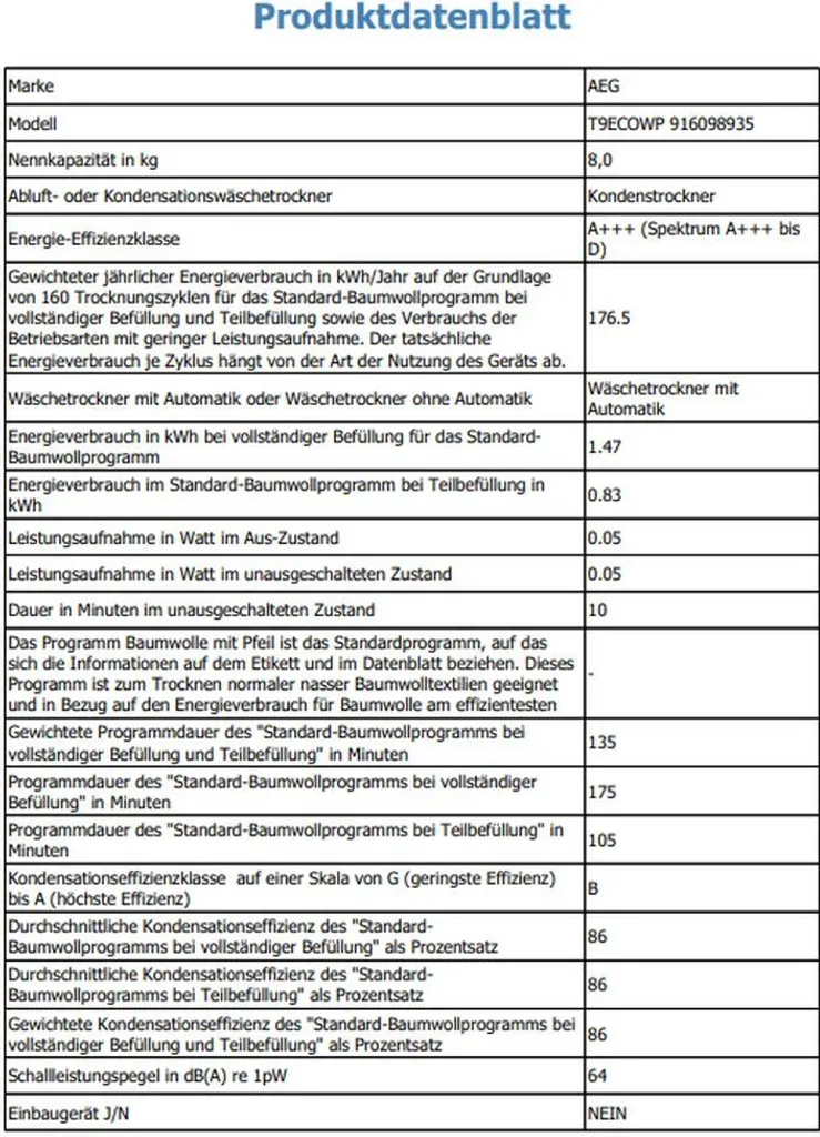 AEG T9ECOWP Wäschetrockner Freistehend Frontlader 8 Kg Weiß 11 AEG T9ECOWP Wäschetrockner Freistehend Frontlader 8 Kg Weiß – Bild 9