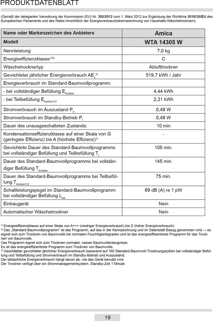 Amica WTA 14305 W, Ablufttrockner, 7 Kg, Weiß 8 Amica WTA 14305 W, Ablufttrockner, 7 Kg, Weiß – Bild 6
