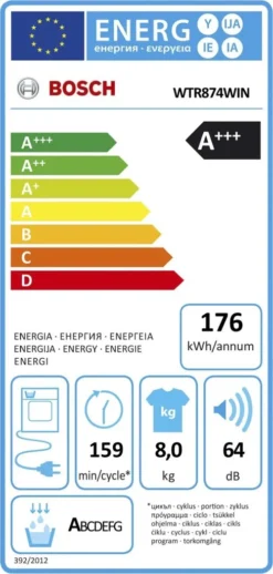 Bosch WTR874WIN Serie 6 Wärmepumpen-Trockner/ / 176 KWh/Jahr / 8 Kg/weiß/AutoDry/AntiVibration Design/Großes LED Display/SensitiveDrying System