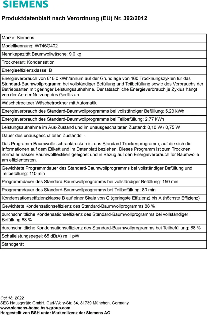Siemens WT46G402, IQ500, Kondensations-Trockner, 9 Kg 10 Siemens WT46G402, IQ500, Kondensations-Trockner, 9 Kg – Bild 8